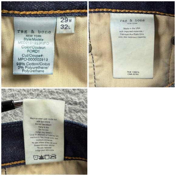 Rag & Bone Jeans Mens 29 x 32 Pants Indigo Blue Fit 2 Slim Dark Wash Denim USA 1 - Picture 9 of 10